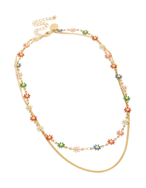 Displaying a waterproof gold plated stainless steel snake chain with colourful daisies layered necklace featuring floral charm details front view