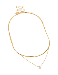 Elegant waterproof layered necklace featuring a snake chain, round cubic zirconia, and a dainty gold plated stainless steel design, front view - link has visual effect only