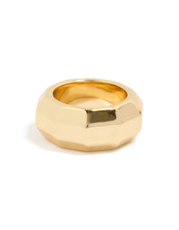 Featuring a geometric faceted waterproof statement ring crafted from gold plated stainless steel front view - link has visual effect only