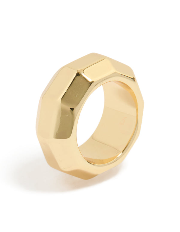 Geometric faceted waterproof statement ring crafted from gold plated stainless steel side detail view
