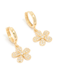 Beautifully crafted dainty floral huggie earrings with gold plated finish and cubic zirconia embellishments front view - link has visual effect only