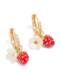 Featuring gold plated cubic zirconia flower strawberry huggie earrings with charm in red ivory white front view - link has visual effect only