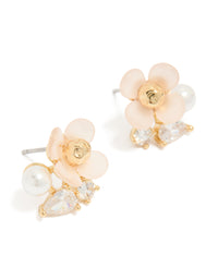 Discover gold plated cubic zirconia and pink acrylic flower stud earrings featuring pear cut crystal and pearl in white front view - link has visual effect only