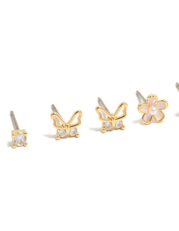 Gold Plated Cubic Zirconia Enamel Butterfly & Flower  Earrings 3-Pack