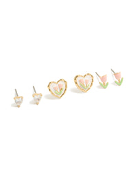 Gold Plated  Cubic Zirconia Flower Stud Earrings 3-Pack - link has visual effect only