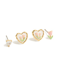 Gold Plated  Cubic Zirconia Flower Stud Earrings 3-Pack - link has visual effect only
