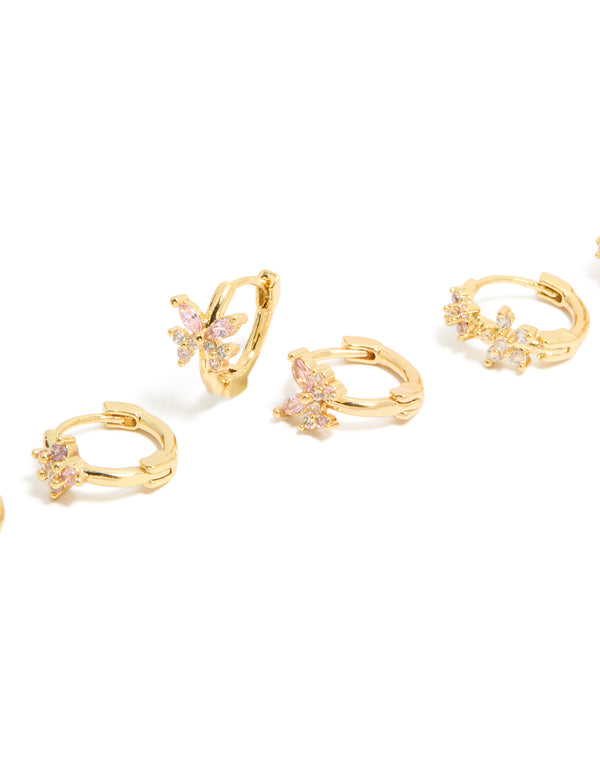Gold Plated Cubic Zirconia Flower Huggie Earrings 3-Pack