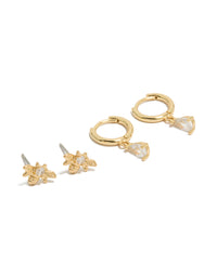 Gold Plated  Cubic Zirconia Bumblebee Stud & Huggie Earrings 2-Pack - link has visual effect only
