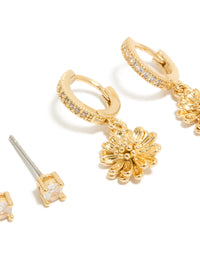 Gold Plated Cubic Zirconia  Studs & Sunflower Huggie Earrings 2-Pack - link has visual effect only