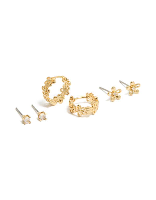 Gold Plated Cubic Zirconia Outline Flower Studs & Huggie Earrings 3-Pack