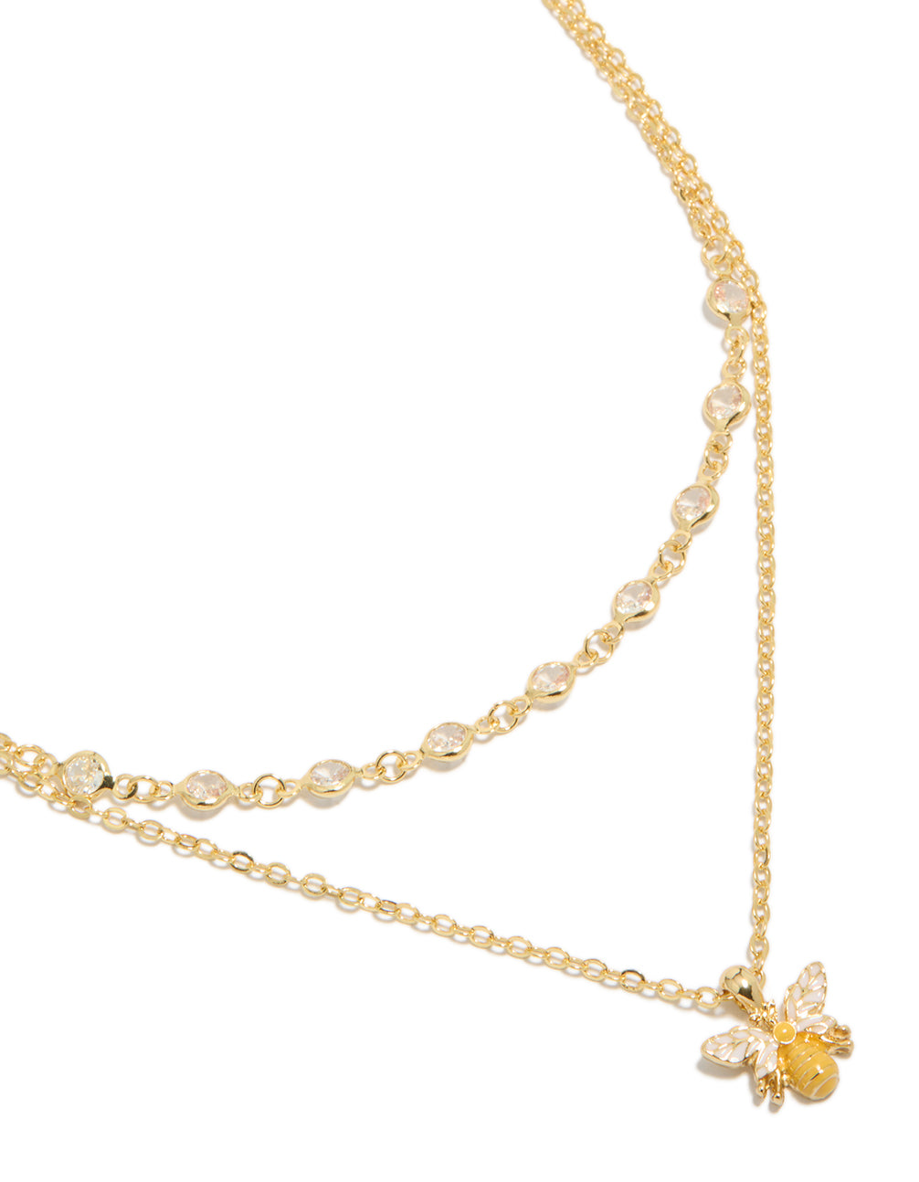 Beautifully detailed bee layered necklace crafted from gold plated cubic zirconia with enamel accents close up view