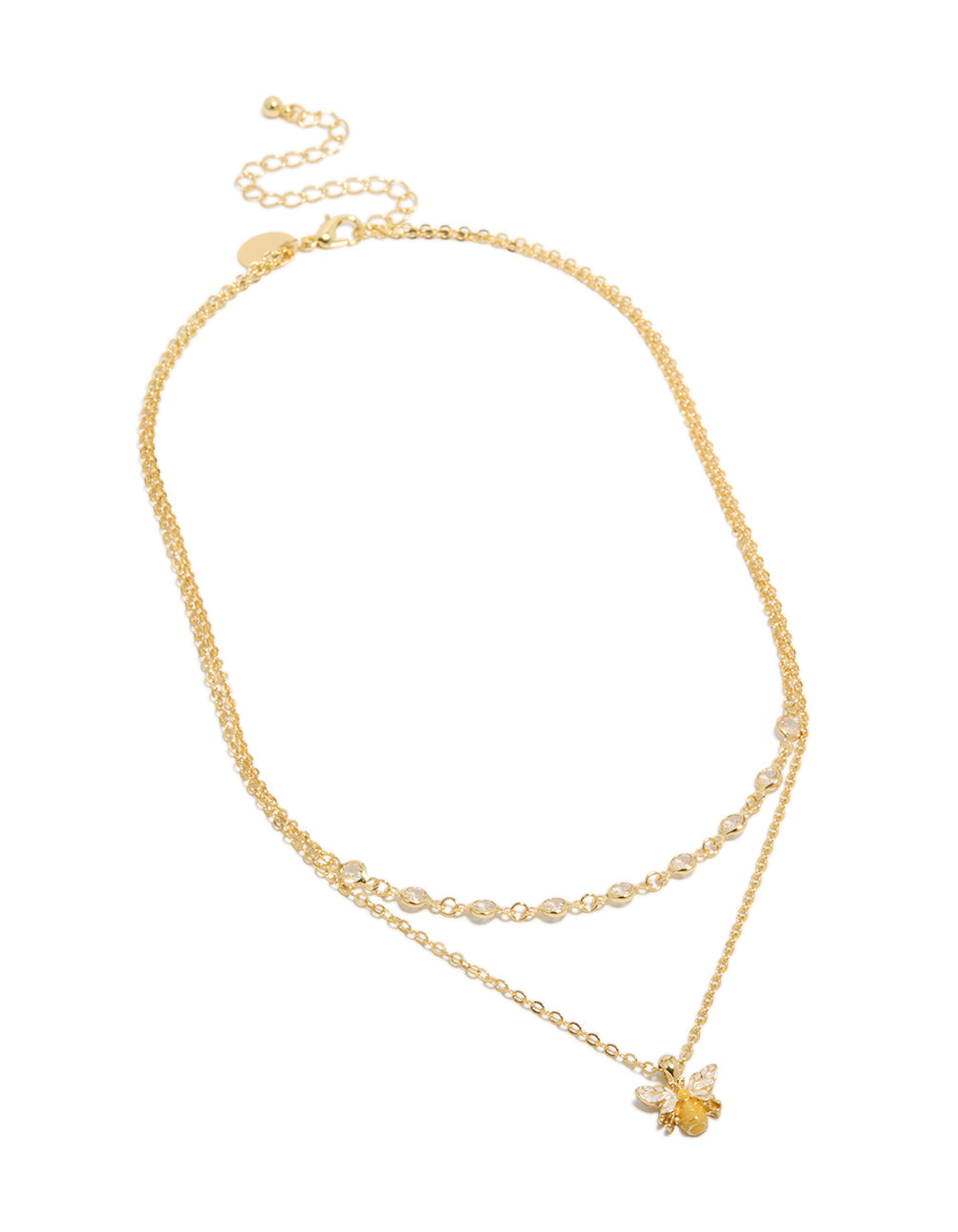 Elegantly designed bee layered necklace in gold plated cubic zirconia featuring enamel accents front view