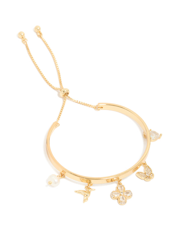 Gold Plated Cubic Zirconia  Bird & Flowers Charm Toggle Bangle