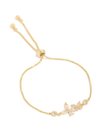 Crafted from gold plated materials, this butterfly bracelet features cubic zirconia stones in a dainty style front view - link has visual effect only