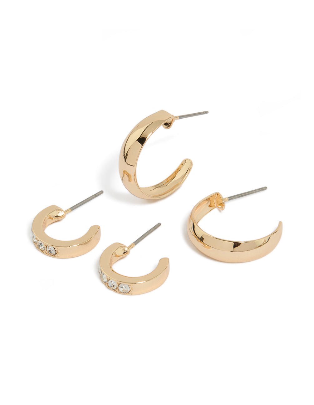 Showcasing a gold diamante and plain hoop earrings 2-pack with closure, front view