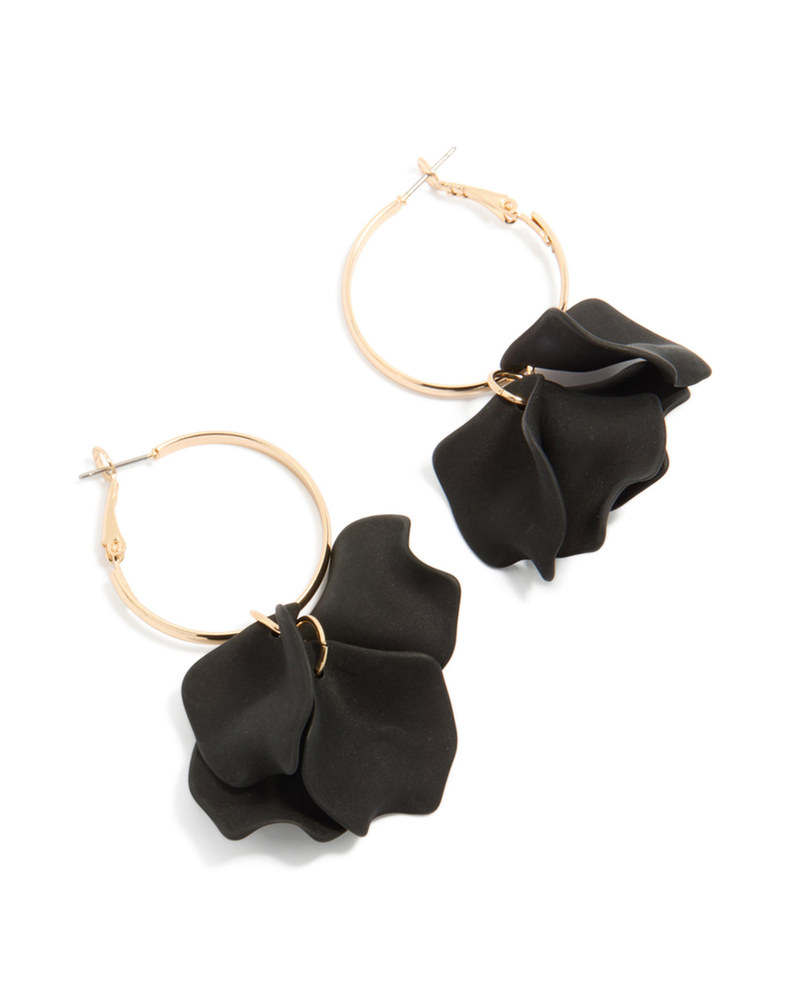 Statement gold hoop earrings featuring black acrylic petal drops front view