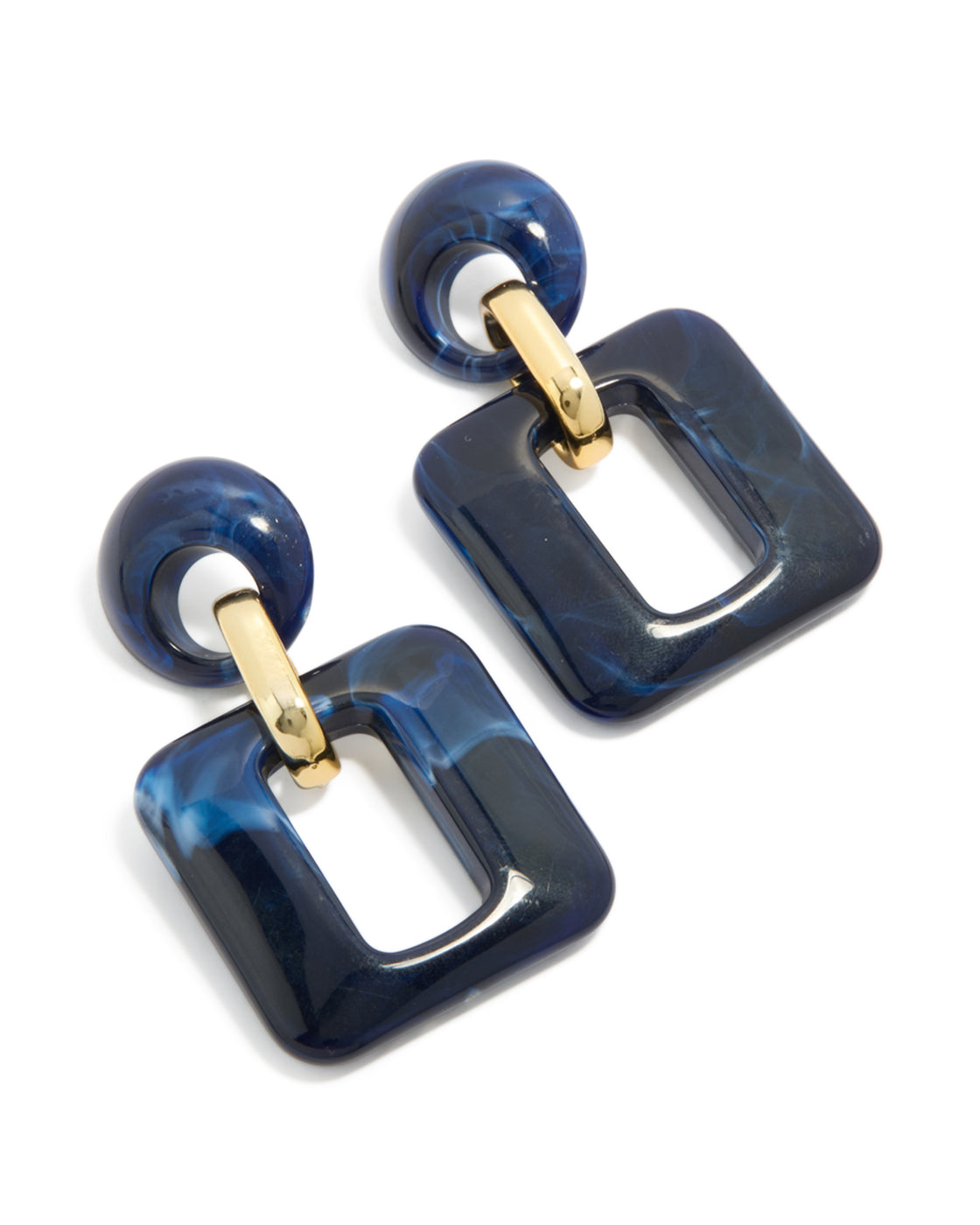 Statement drop earrings in gold with dark blue acrylic rectangle and circular elements front view