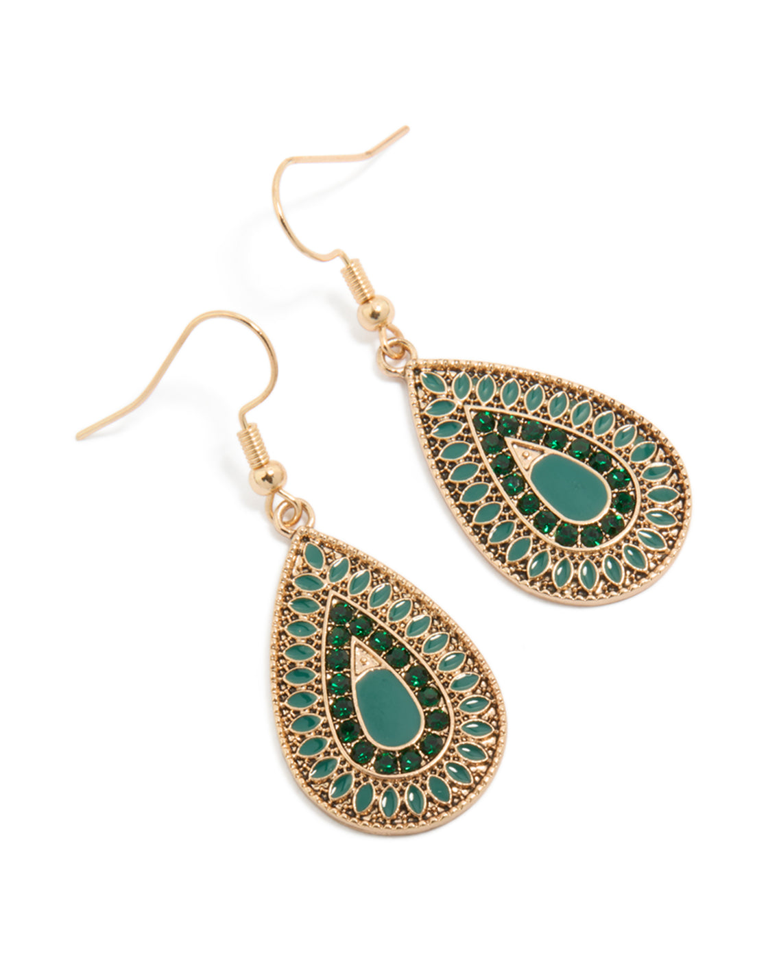 Showcasing gold green diamante teardrop filigree drop earrings with statement style front view