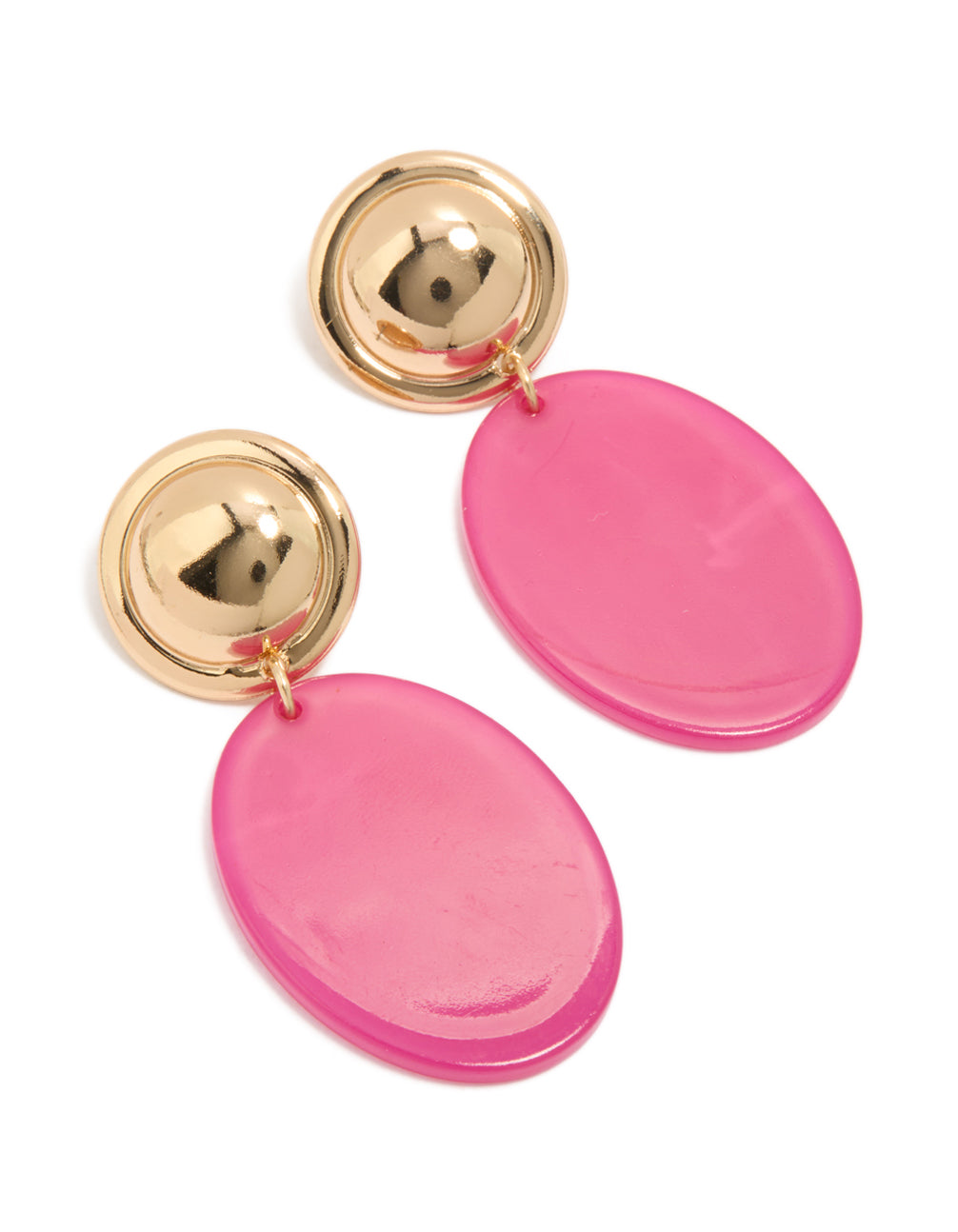 Statement drop earrings featuring oval in hot pink and gold front view