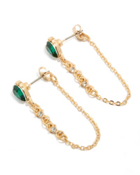 Showcasing gold green diamante chain stud earrings featuring in clear accents front view - link has visual effect only