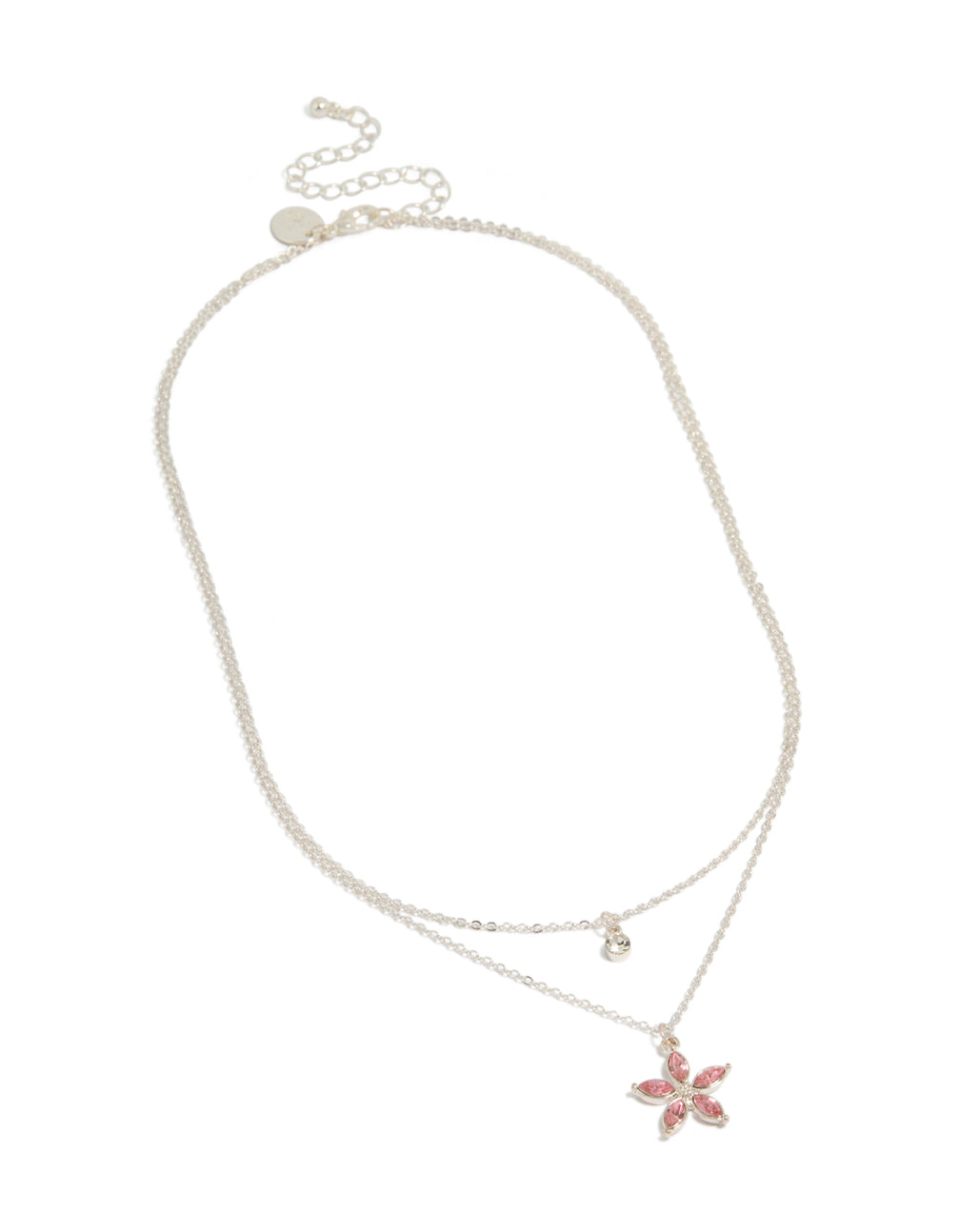 Crafted from silver this clear and pink diamante flower layered necklace front view