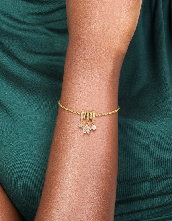 Gold Plated Cubic Zirconia Flower & Pearl Rondell Charms  Toggle Bracelet