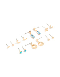 Discover this stud earrings 7-pack featuring celestial designs with disc, star, and moon motifs and gold finish front view - link has visual effect only