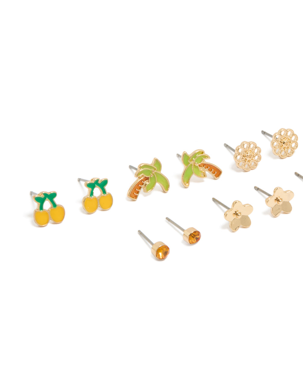 Featuring gold summer stud earrings in a 7-pack with butterfly, floral, fruit, tree designs with stud closure detail view