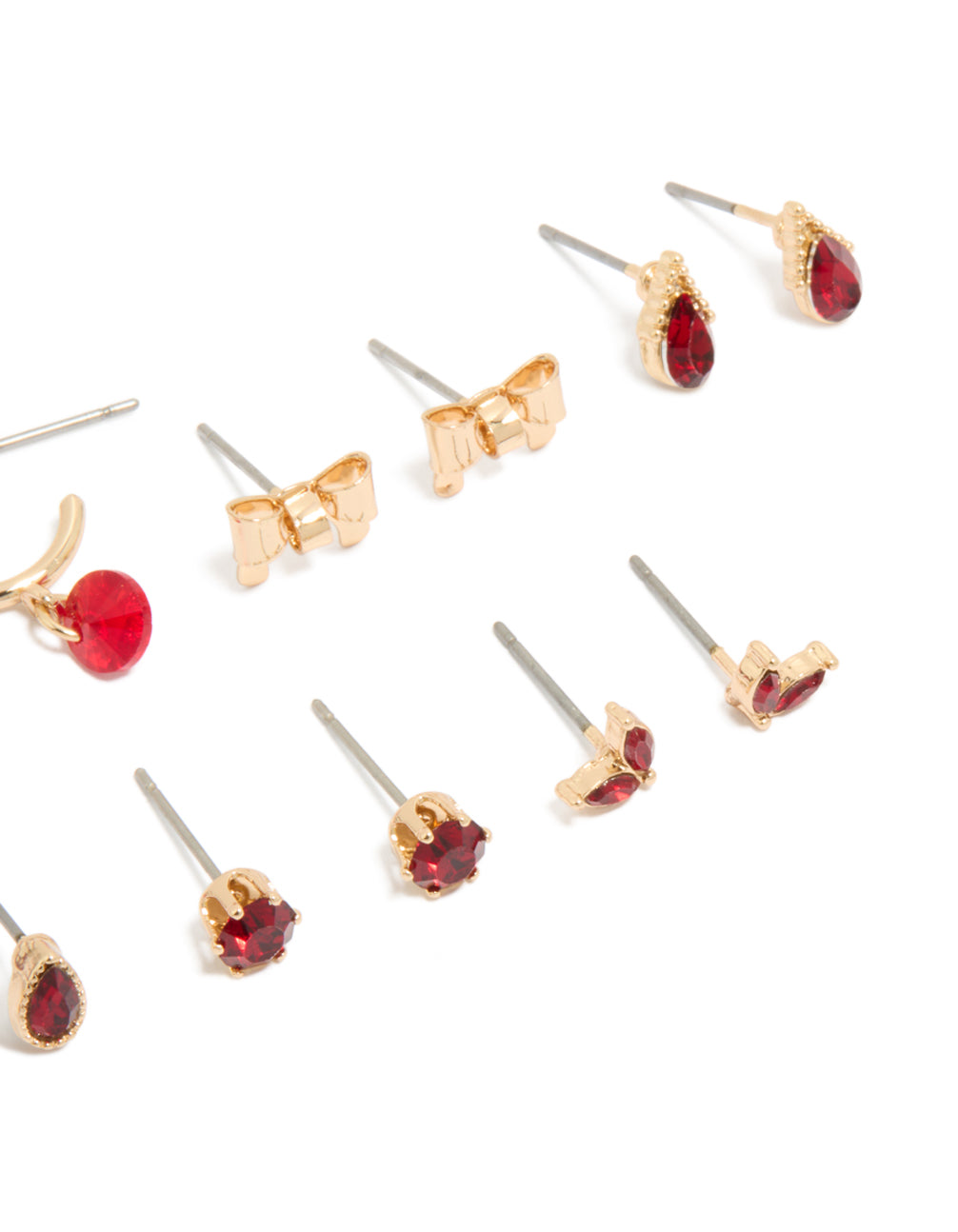 Crafted from gold red flower and bow earrings 7-pack with floral details featuring stud and huggie closures in maroon detail view