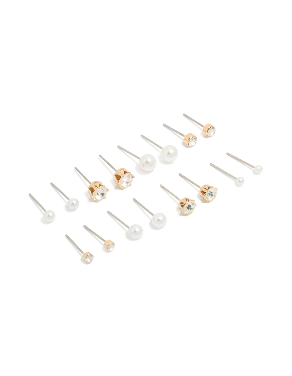 Discover this dainty gold diamante pearl stud earrings 8-pack featuring clear and silver accents front view