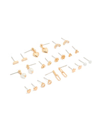 Discover gold mixed diamante stud earrings 12 pack featuring bar, heart, pearl and star designs with stud closure front view - link has visual effect only