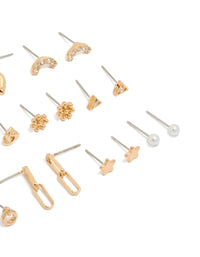 Explore gold mixed diamante stud earrings 12 pack in bar, heart, pearl and star styles with closure post detail view - link has visual effect only