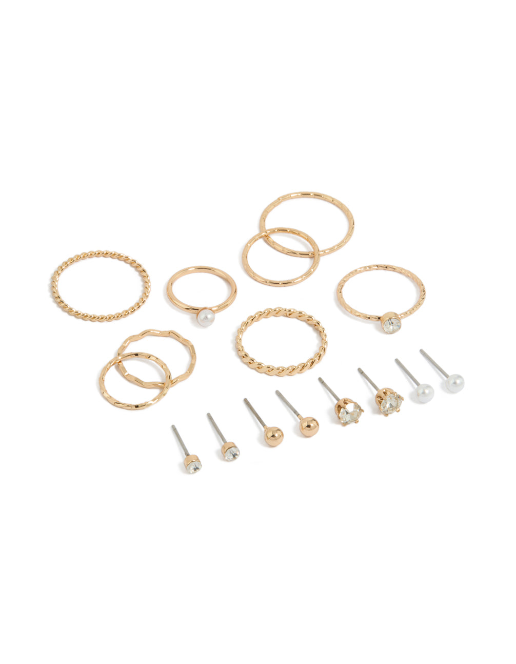 Showcasing dainty stud earrings featuring pearl and ball designs, along with rings in a 12-piece set with a gold finish front view