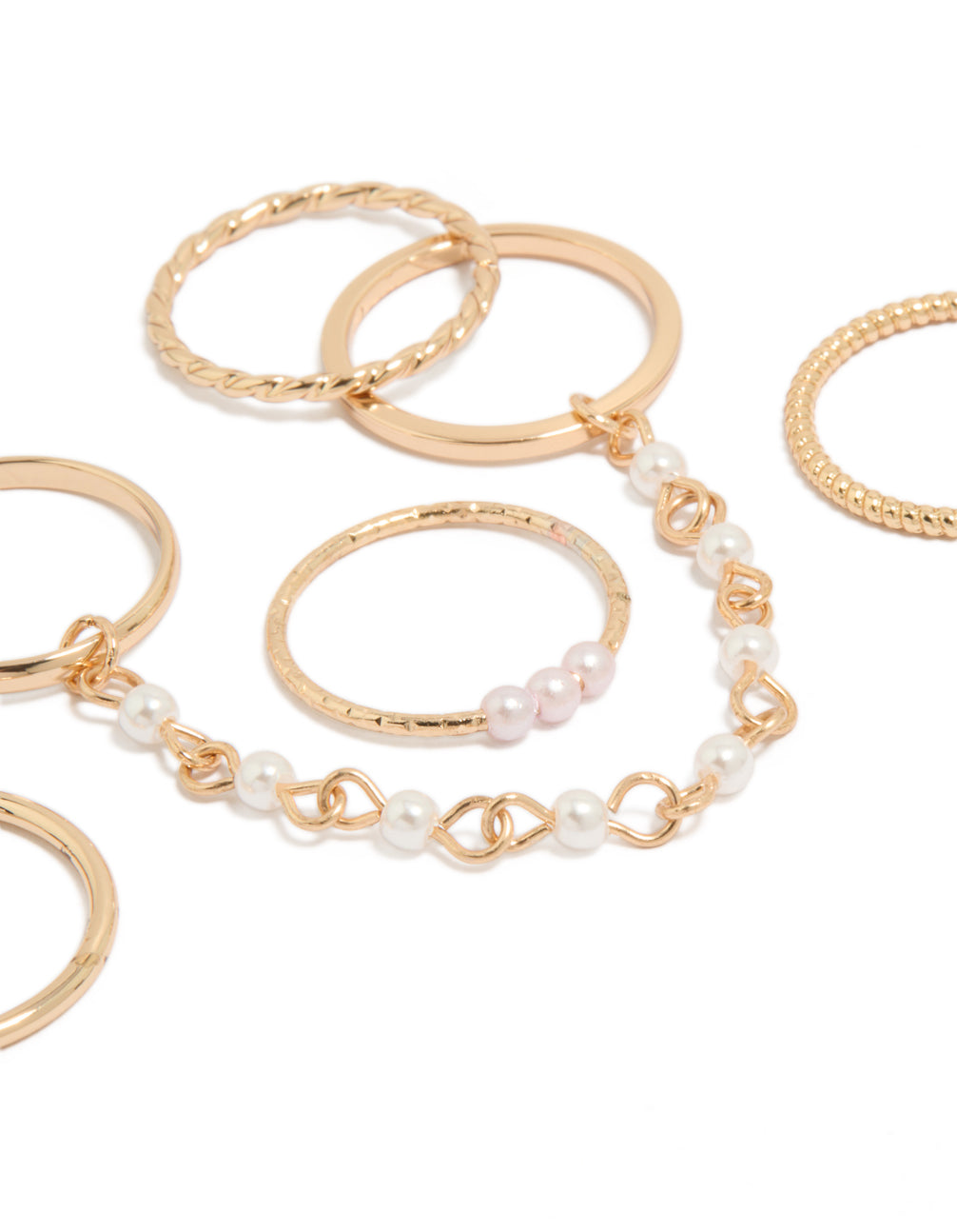 Featuring gold pearl chain and thin rings 6-pack with beaded charm details close up view