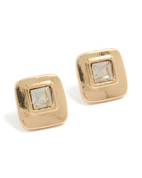 Elegant gold square diamante stud earrings featuring clear stone accents front view - link has visual effect only