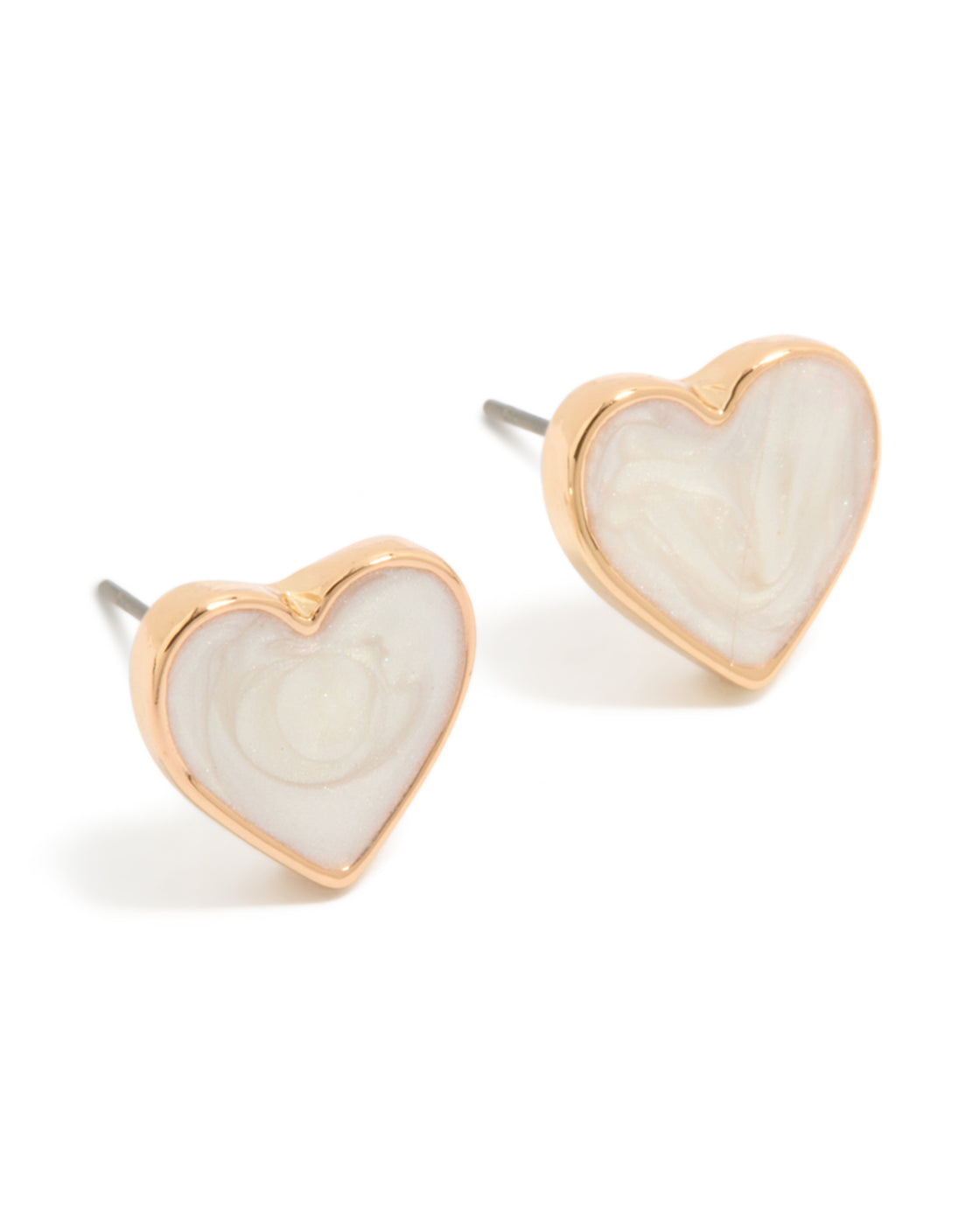Showcasing heart-shaped enamel stud earrings with marble pattern in gold front view