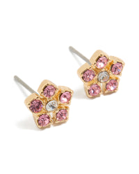 Beautifully crafted flower stud earrings featuring with pink diamante stones in gold front view - link has visual effect only