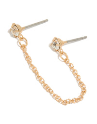 Discover the gold diamante and chain stud earring featuring a statement style with stud closure front view - link has visual effect only