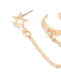 Presenting beautifully crafted Gold Star Link Cuff & Stud Earring with celestial design close up view - link has visual effect only