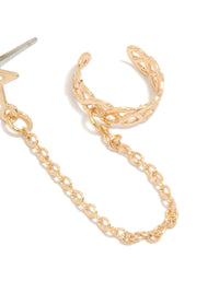 Showcasing the Gold Star Link Cuff & Stud Earring with celestial design post detail view - link has visual effect only
