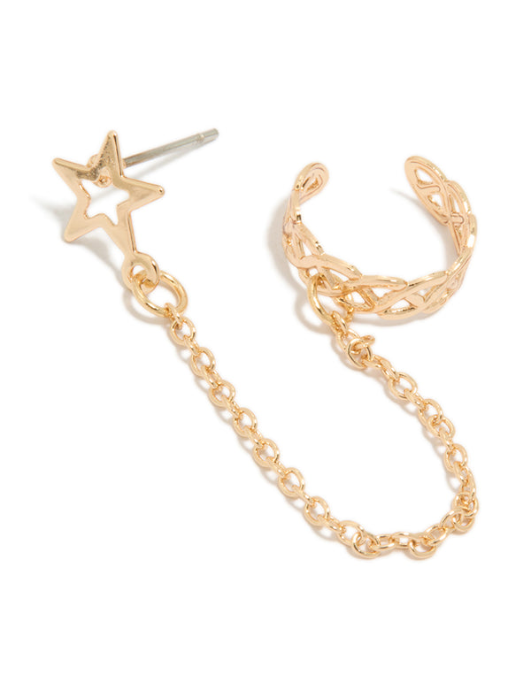 Discover the Gold Star Link Cuff & Stud Earring featuring celestial design with stud closure front view