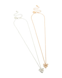 Featuring mixed metal bow and heart pendant necklaces in gold and silver 2-pack front view - link has visual effect only
