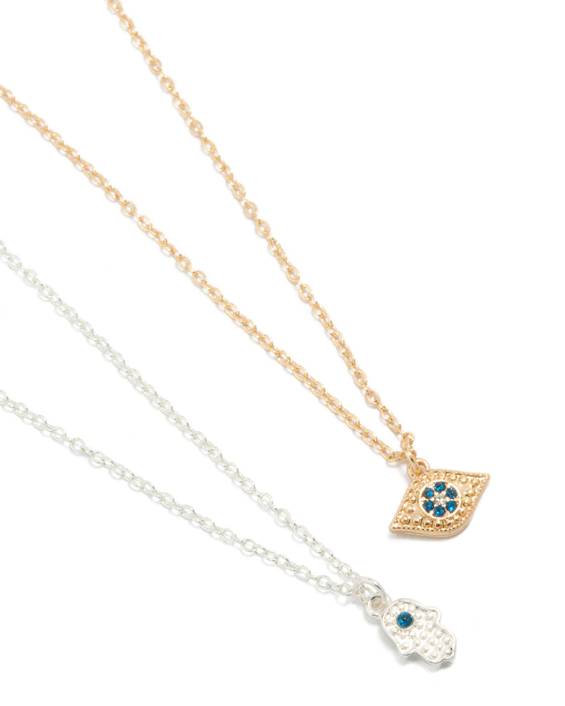 Featuring mixed metal evil eye and hamsa hand necklaces with pendants in gold and silver 2-pack close up view
