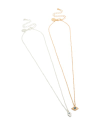 Showcasing mixed metal evil eye and hamsa hand necklaces with pendants in gold and silver 2-pack front view - link has visual effect only
