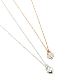 Showcasing mixed metal heart locket necklaces in a 2-pack featuring with crafted from enamel in gold and silver close up view - link has visual effect only