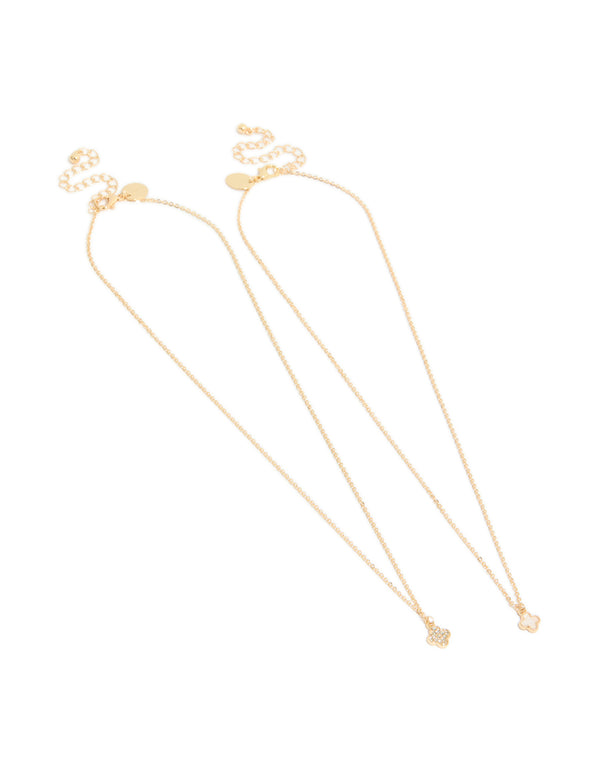 Showcasing gold diamante and smooth flower pendant necklaces in a 2-pack front view