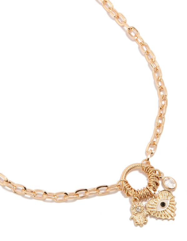 Gold Evil Eye & Heart Charms Necklace