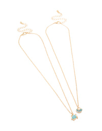 Showcasing gold turtle and shell necklaces in a 2-pack with ocean-inspired pearl accents front view - link has visual effect only