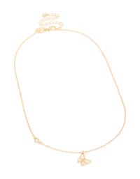 Showcasing a diamante and butterfly pendant necklace in gold front view - link has visual effect only