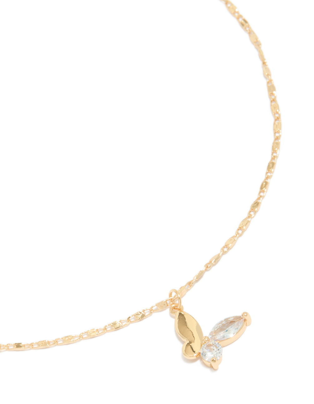 Showcase your style with a half smooth half diamante butterfly pendant crafted from crystal in gold close up view